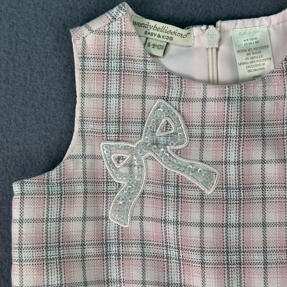 🌸3/$15🌸 WENDY BELLISSIMO Pink Grey Plaid Rhinestone Bow Ruffled Hem Dress 6-9m - Picture 3 of 11
